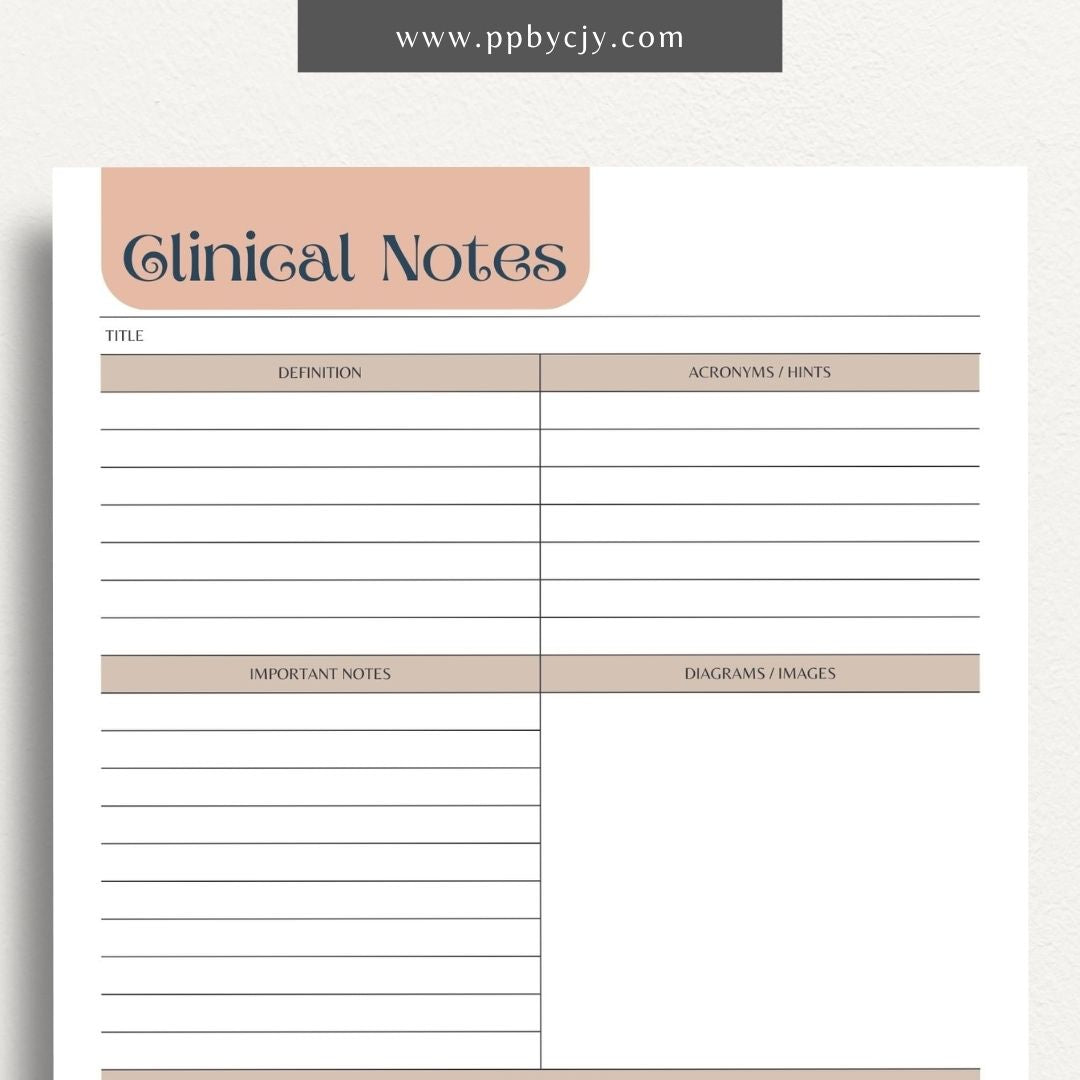 Clinical Notes Nursing School Study Guide Printable Template – Digital Download for Organizing and Reviewing Nursing Clinical Notes and Study Materials