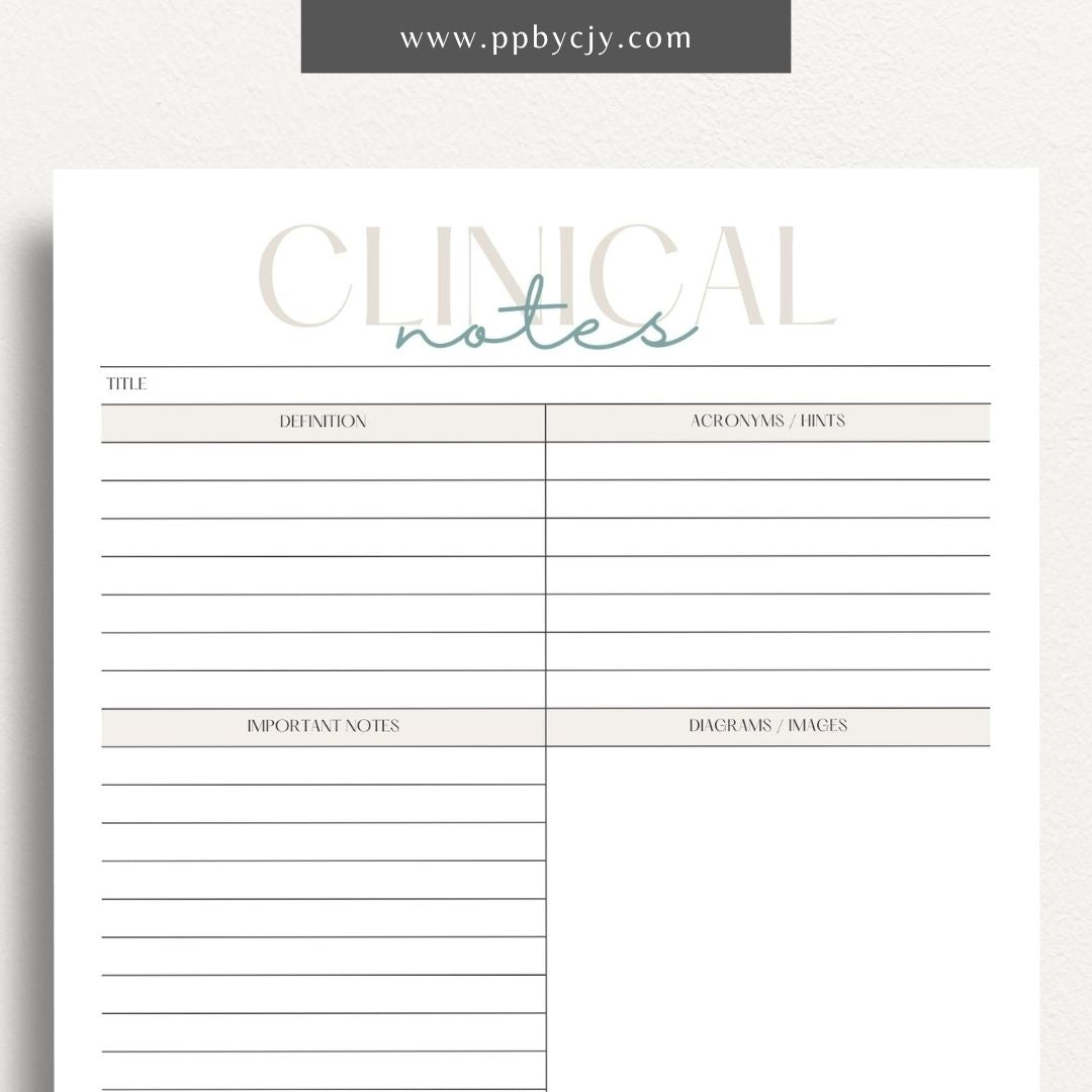 Clinical Notes Nursing School Study Guide Printable Template – Digital Download for Organizing and Reviewing Nursing Clinical Notes and Study Materials
