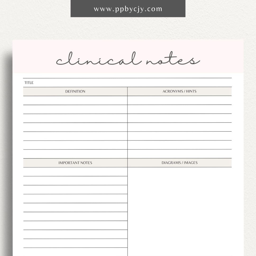 Clinical Notes Nursing School Study Guide Printable Template – Digital Download for Organizing and Reviewing Nursing Clinical Notes and Study Materials