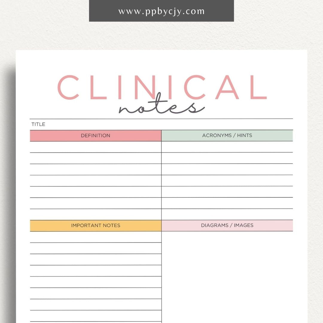 Clinical Notes Nursing School Study Guide Printable Template – Digital Download for Organizing and Reviewing Nursing Clinical Notes and Study Materials