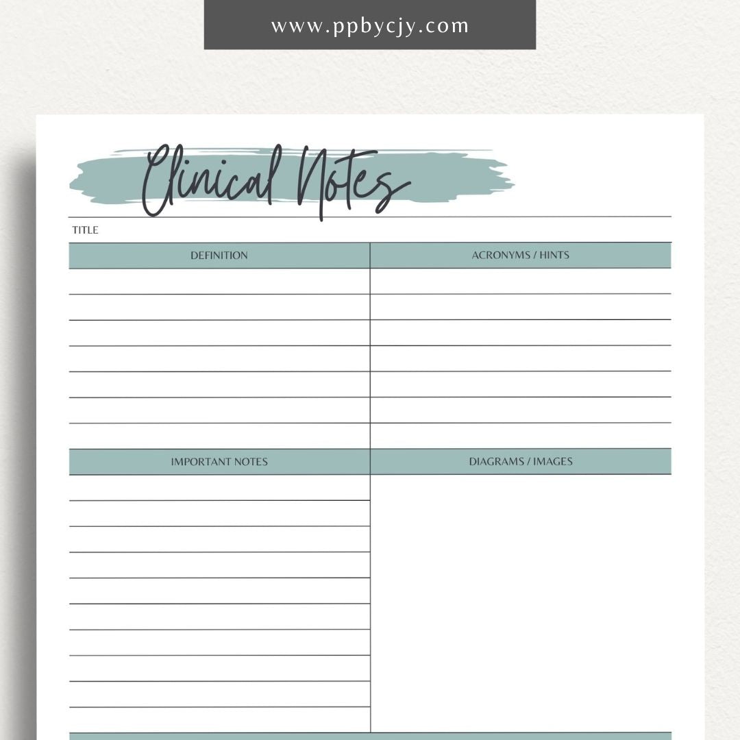 Clinical Notes Nursing School Study Guide Printable Template – Digital Download for Organizing and Reviewing Nursing Clinical Notes and Study Materials