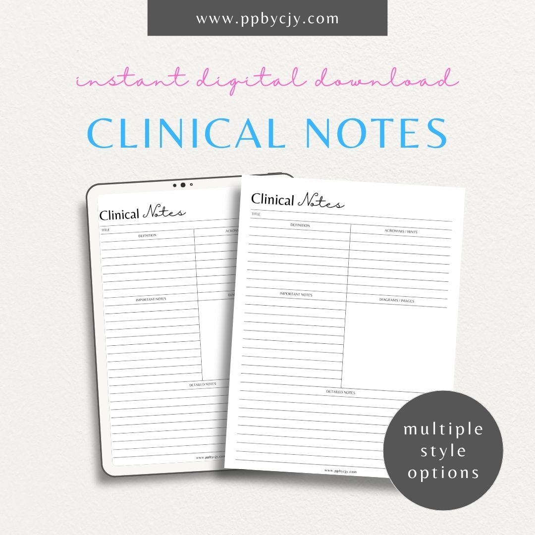 Clinical Notes Nursing School Study Guide Printable Template – Digital Download for Organizing and Reviewing Nursing Clinical Notes and Study Materials
