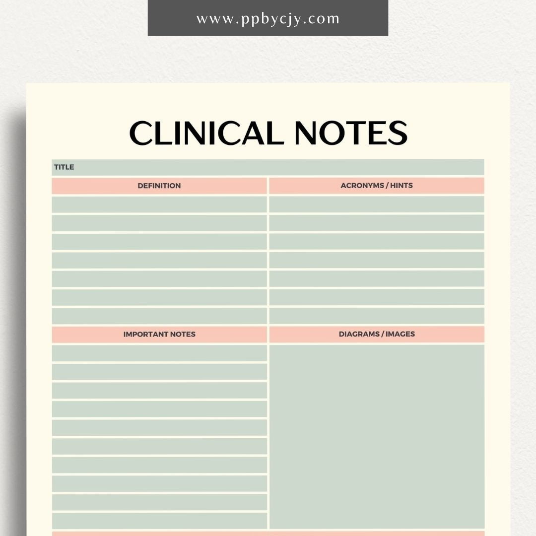 Clinical Notes Nursing School Study Guide Printable Template – Digital Download for Organizing and Reviewing Nursing Clinical Notes and Study Materials