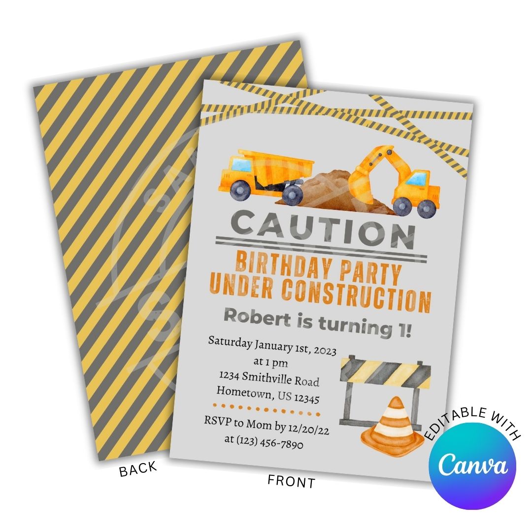 Construction-themed birthday party invitation with vehicles and text, featuring Canva logo.