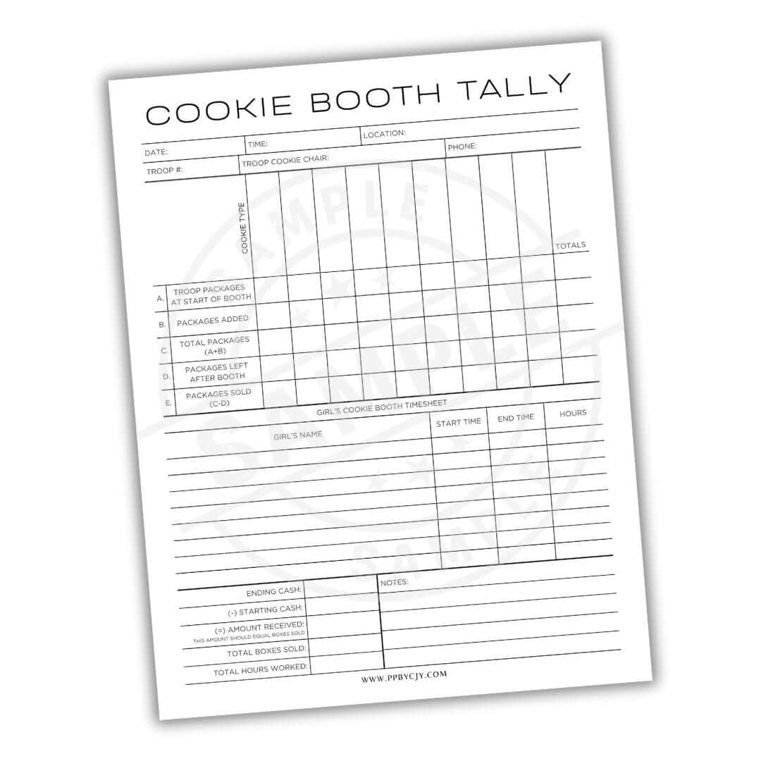 Cookie Booth Tally sheet with a white background