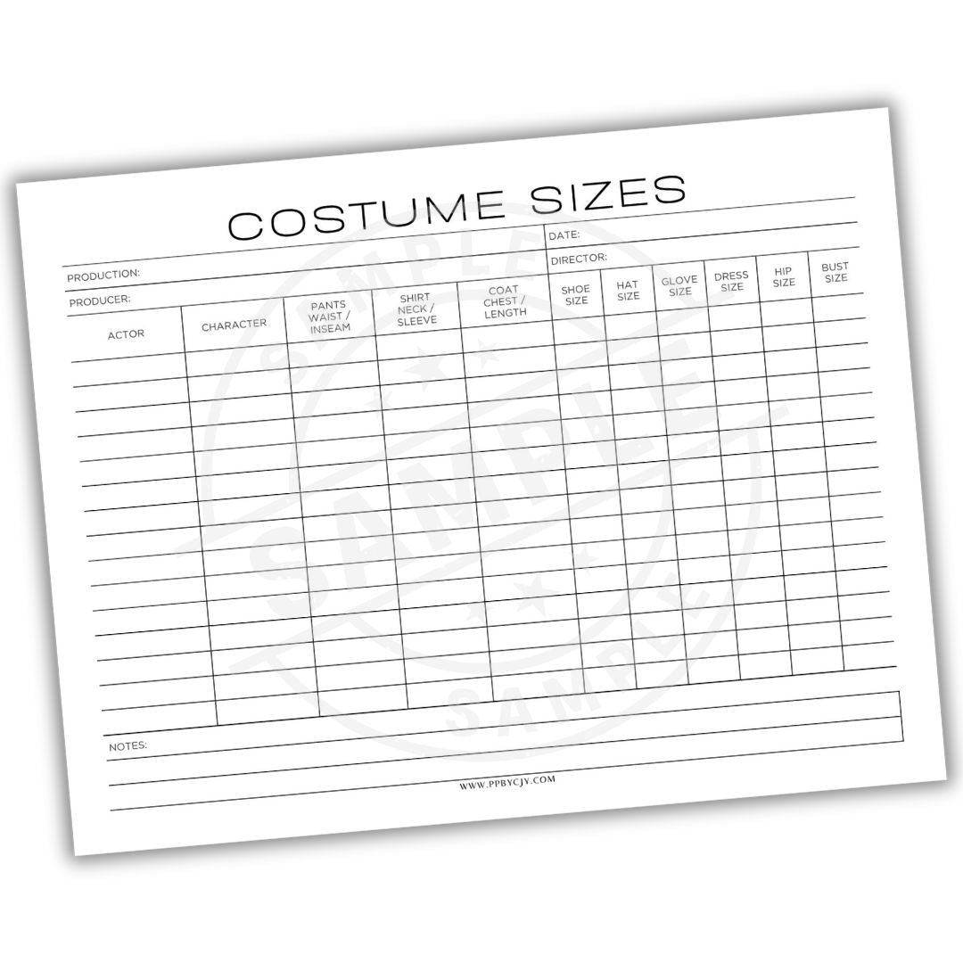 Costume size chart for theatrical productions on a white background
