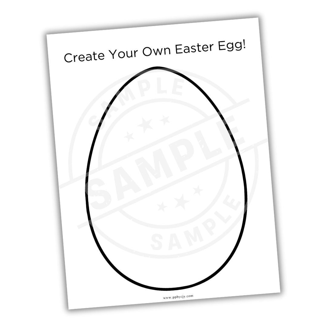 Blank outline of an Easter egg on a white background with text 'Create Your Own Easter Egg!'.