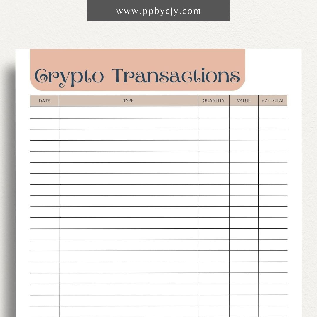 Crypto Transaction Register Printable Template – Digital Download for Logging and Managing Cryptocurrency Transactions and Activities