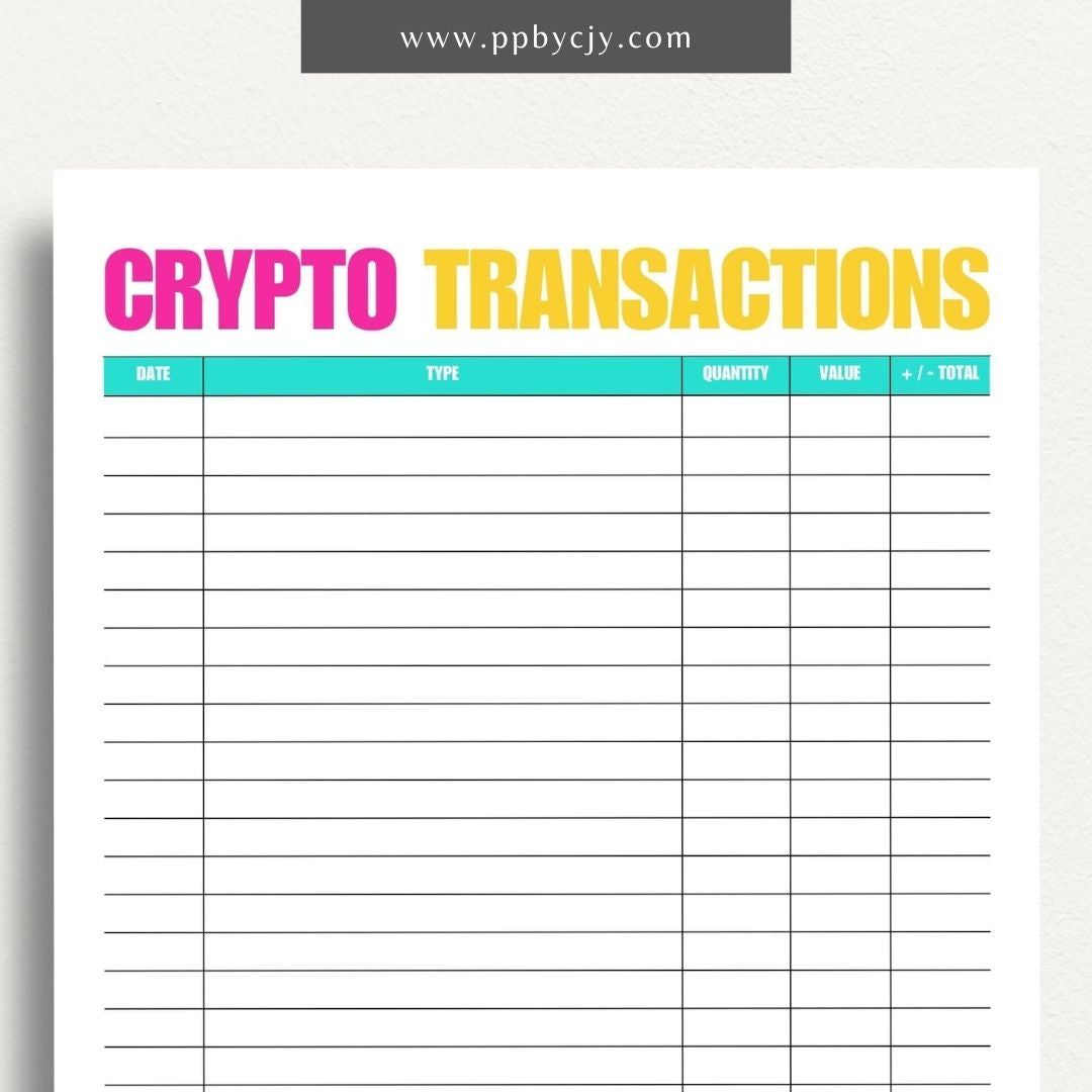Crypto Transaction Register Printable Template – Digital Download for Logging and Managing Cryptocurrency Transactions and Activities
