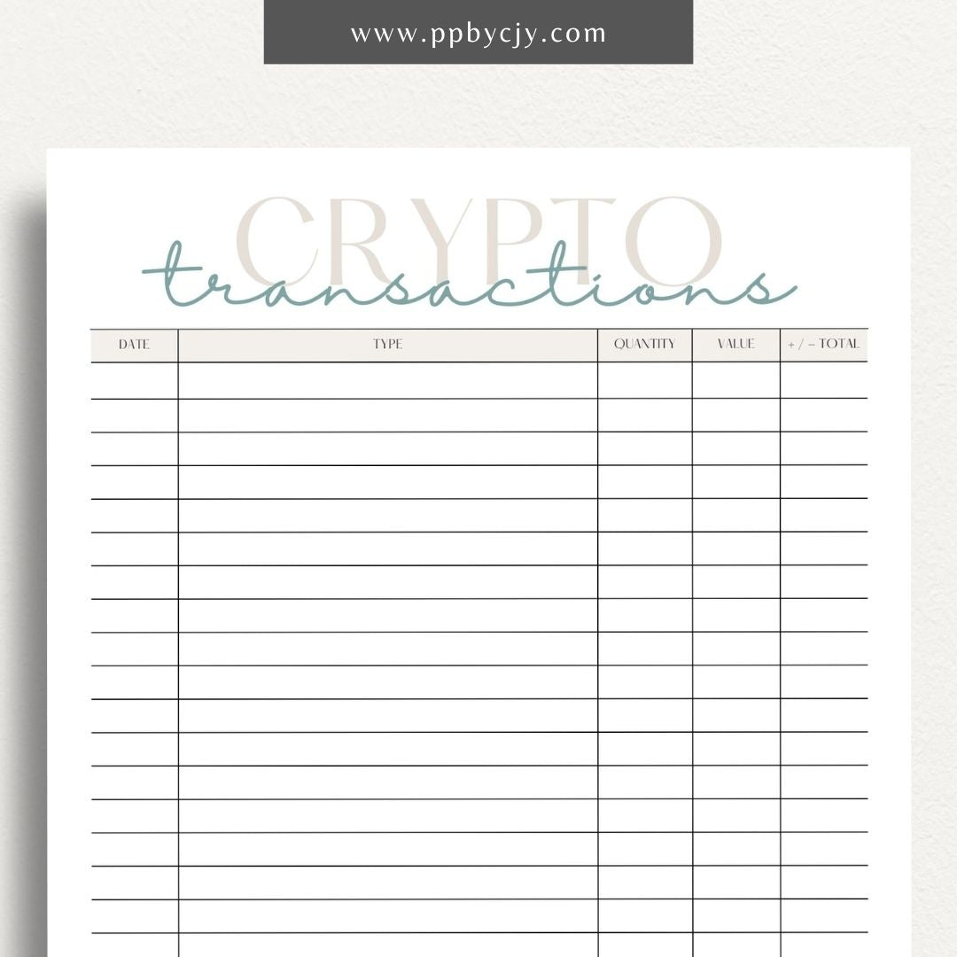 Crypto Transaction Register Printable Template – Digital Download for Logging and Managing Cryptocurrency Transactions and Activities