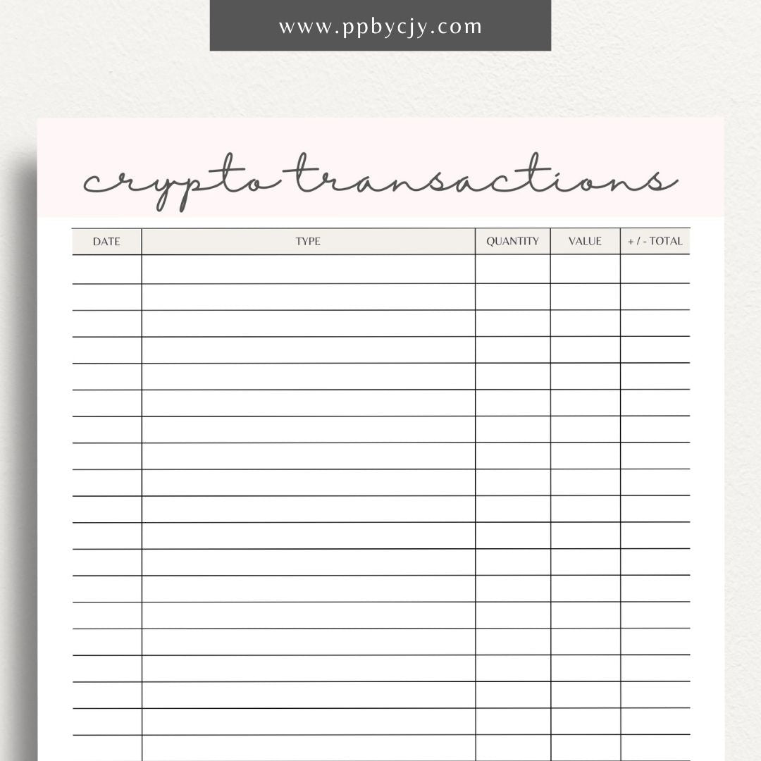 Crypto Transaction Register Printable Template – Digital Download for Logging and Managing Cryptocurrency Transactions and Activities