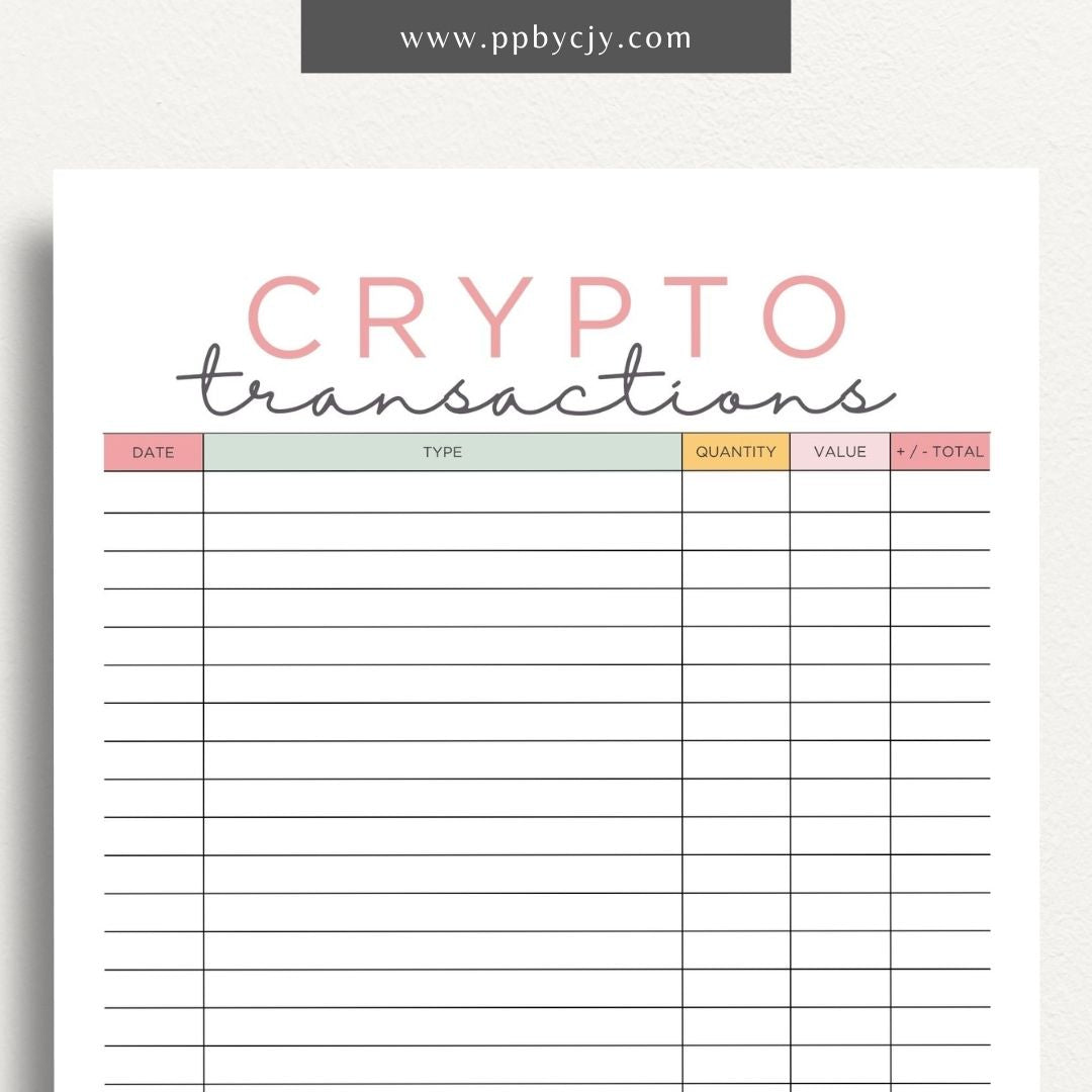 Crypto Transaction Register Printable Template – Digital Download for Logging and Managing Cryptocurrency Transactions and Activities