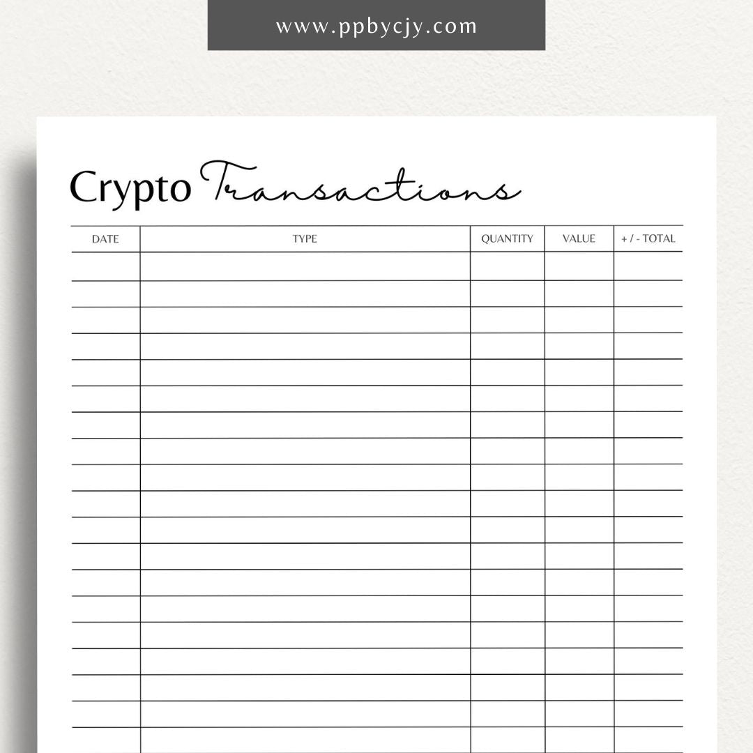 Crypto Transaction Register Printable Template – Digital Download for Logging and Managing Cryptocurrency Transactions and Activities