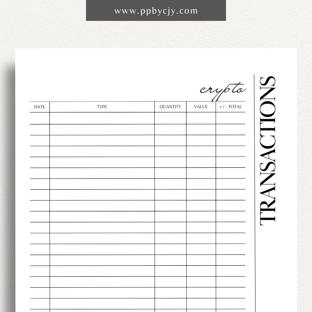 Crypto Transaction Register Printable Template – Digital Download for Logging and Managing Cryptocurrency Transactions and Activities