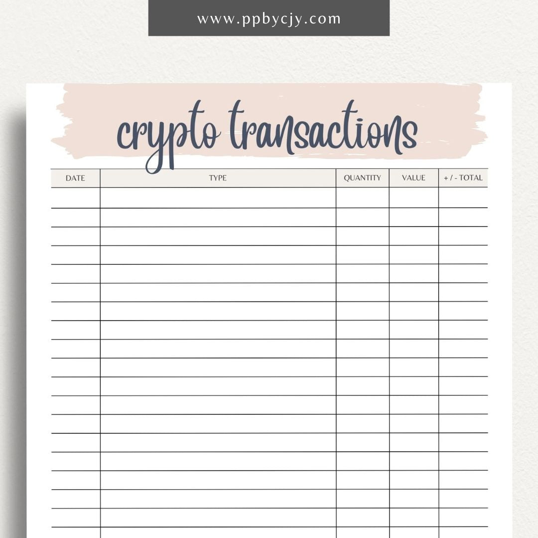 Crypto Transaction Register Printable Template – Digital Download for Logging and Managing Cryptocurrency Transactions and Activities