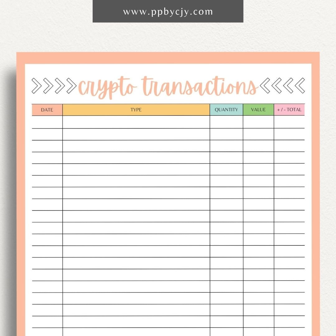 Crypto Transaction Register Printable Template – Digital Download for Logging and Managing Cryptocurrency Transactions and Activities