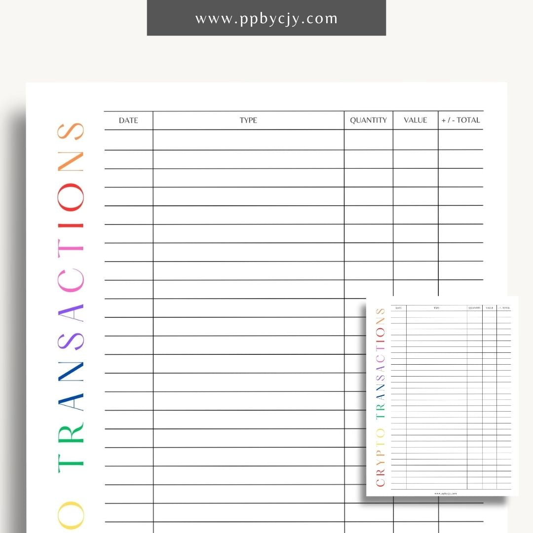 Crypto Transaction Register Printable Template – Digital Download for Logging and Managing Cryptocurrency Transactions and Activities