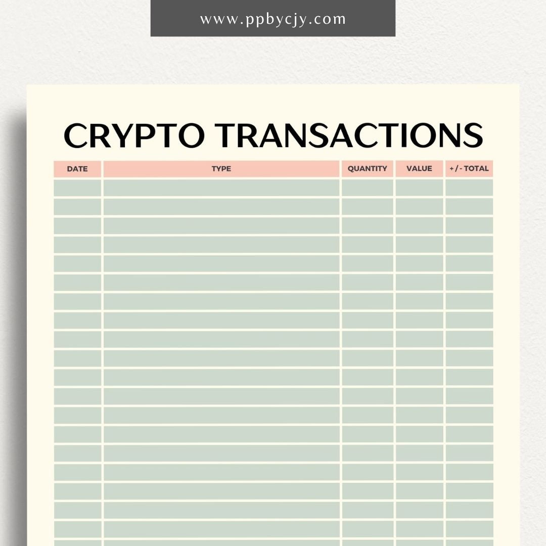 Crypto Transaction Register Printable Template – Digital Download for Logging and Managing Cryptocurrency Transactions and Activities
