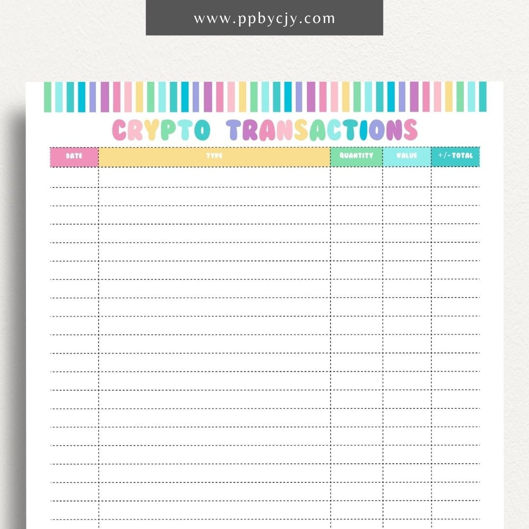 Crypto Transaction Register Printable Template – Digital Download for Logging and Managing Cryptocurrency Transactions and Activities