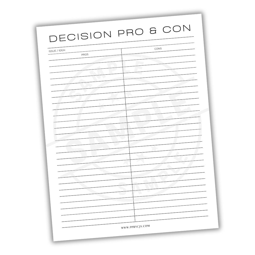 Decision pro and con sheet with columns for pros and cons on a white background