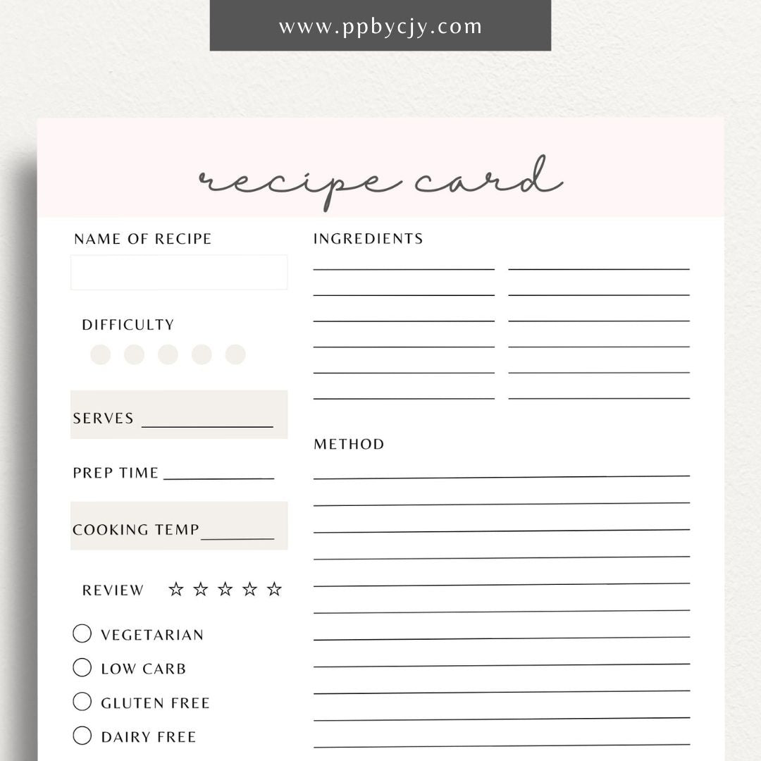 Recipe Card Printable Template – Digital download for organizing and documenting your favorite recipes and cooking instructions