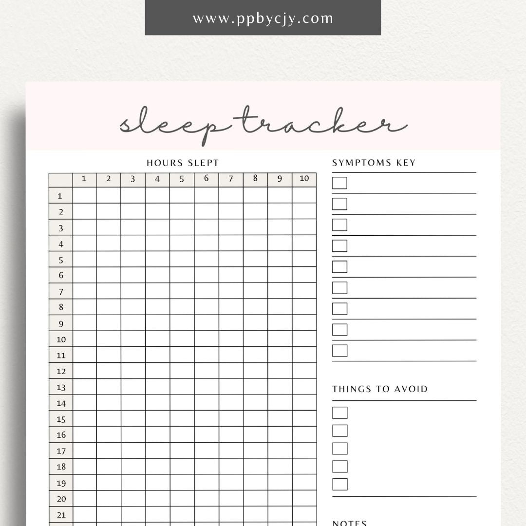 Sleep Tracker Printable Template – Digital download for recording and monitoring your sleep patterns, duration, and quality