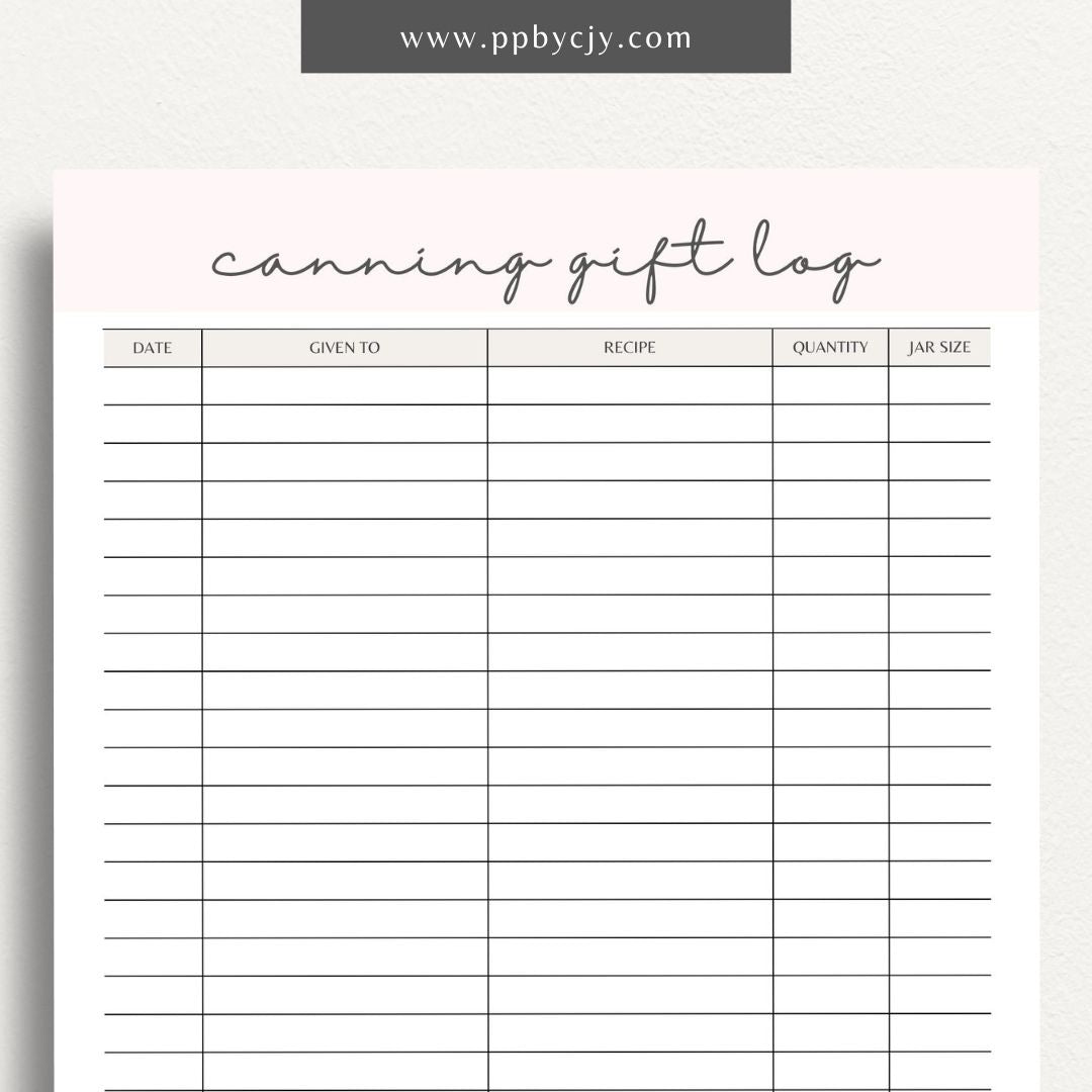 Homestead Canning Gift Log Printable Template – Digital download for tracking and organizing gifts made from home-canned goods.