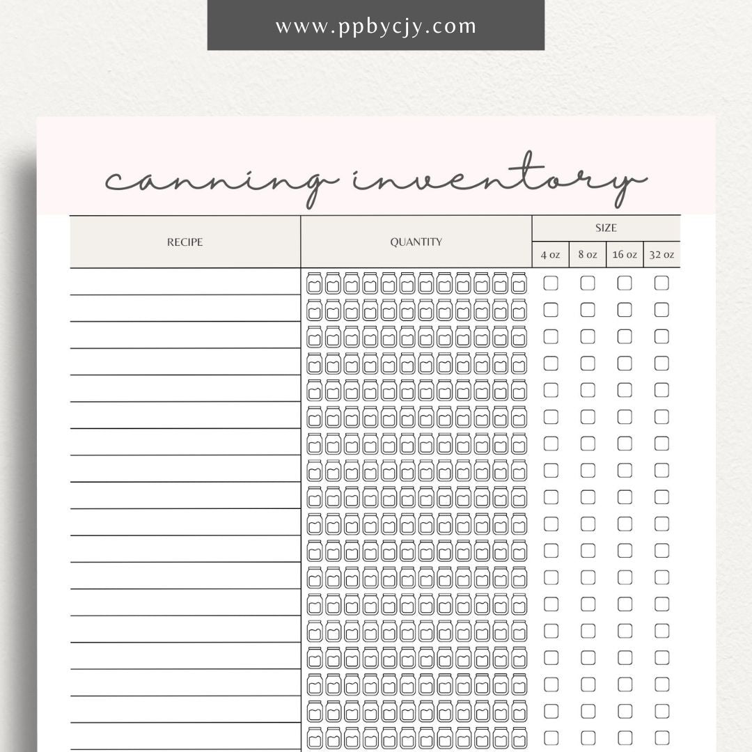 Homestead Canning Inventory Printable Template – Digital download for recording and managing home-canned goods and supplies.