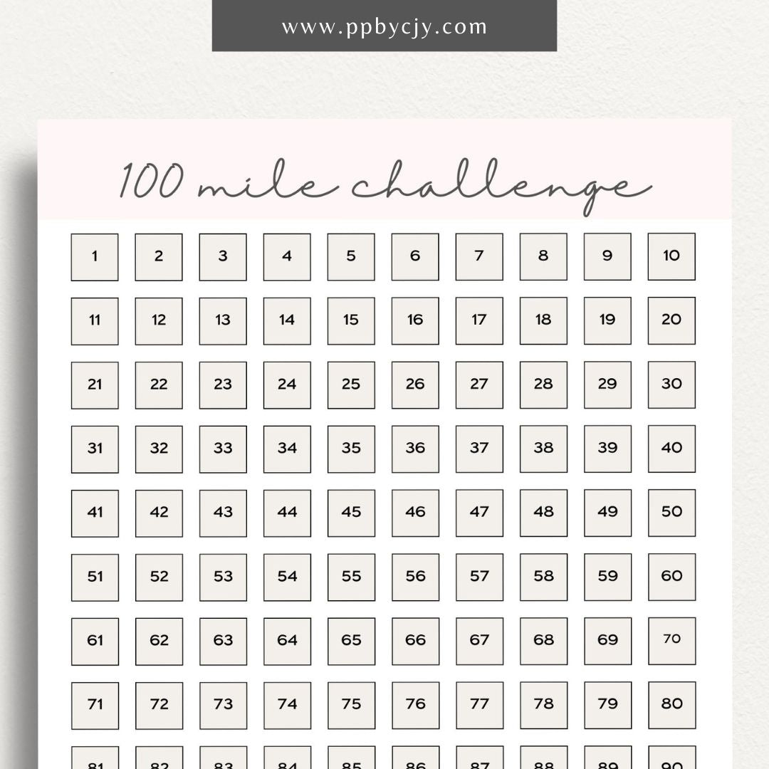 100 Mile Challenge Printable Template – Digital Download for Tracking Your Mileage Goals