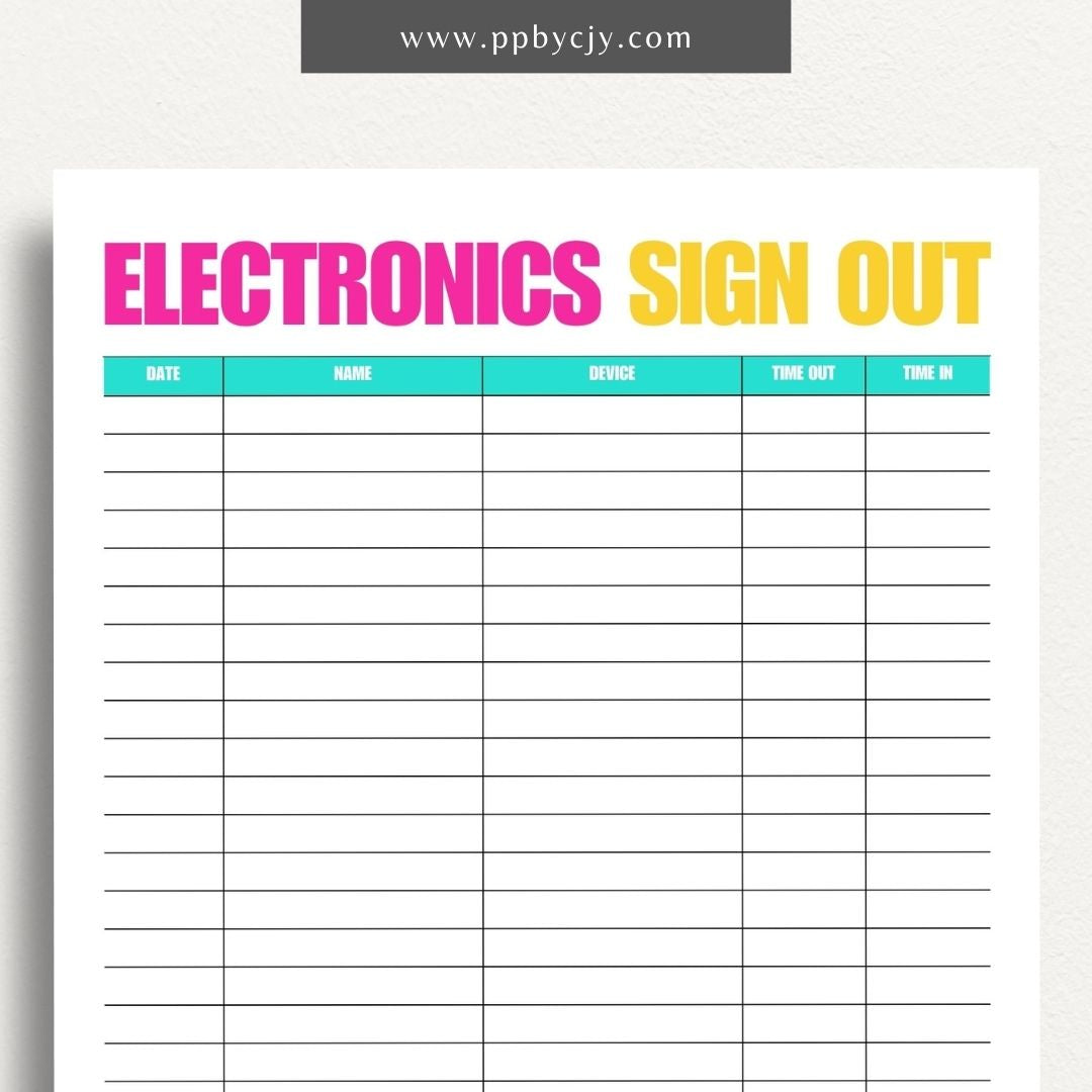 Electronics Sign In and Out Sheet Printable Template – Digital Download for Managing Device Check-Outs with sections for tracking user details, dates, and device status.