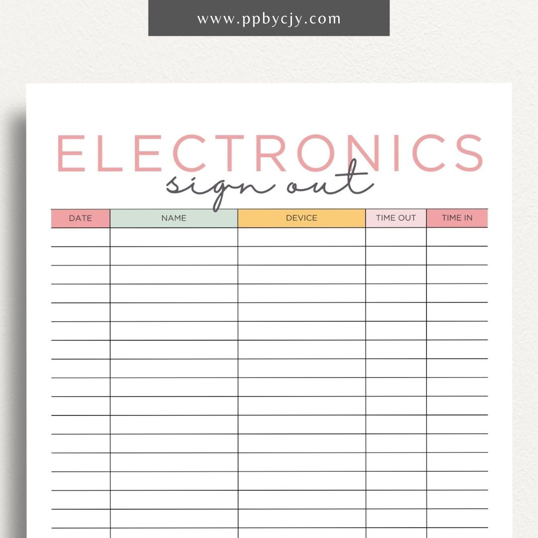 Electronics Sign In and Out Sheet Printable Template – Digital Download for Managing Device Check-Outs with sections for tracking user details, dates, and device status.