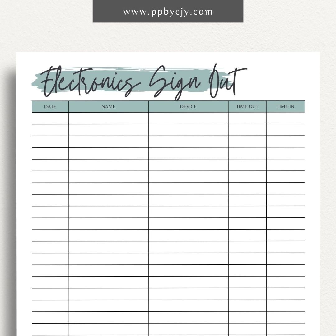 Electronics Sign In and Out Sheet Printable Template – Digital Download for Managing Device Check-Outs with sections for tracking user details, dates, and device status.