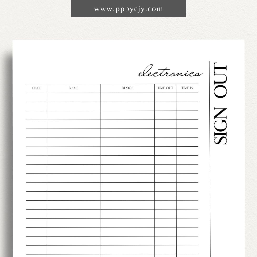 Electronics Sign In and Out Sheet Printable Template – Digital Download for Managing Device Check-Outs with sections for tracking user details, dates, and device status.