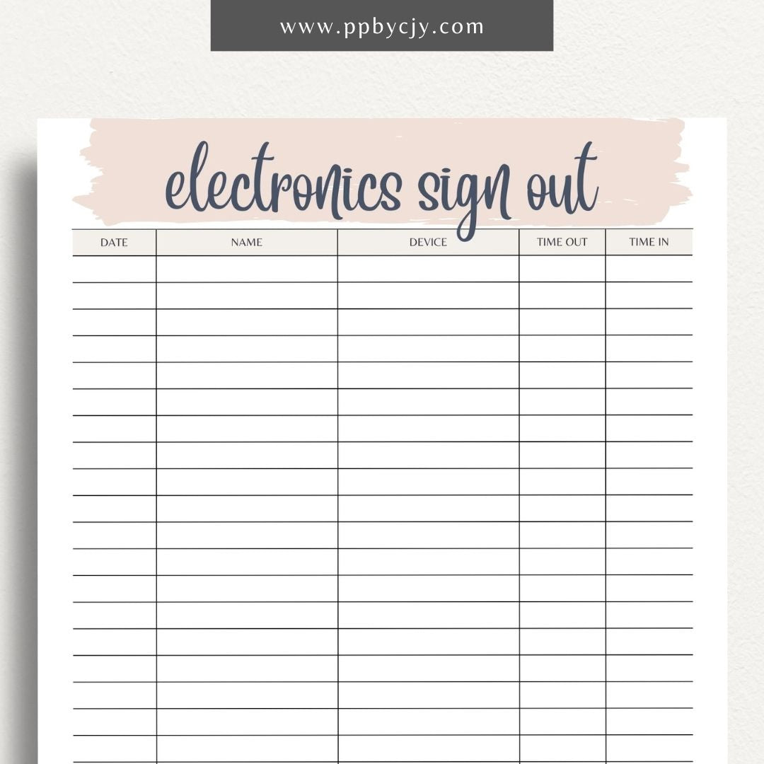 Electronics Sign In and Out Sheet Printable Template – Digital Download for Managing Device Check-Outs with sections for tracking user details, dates, and device status.