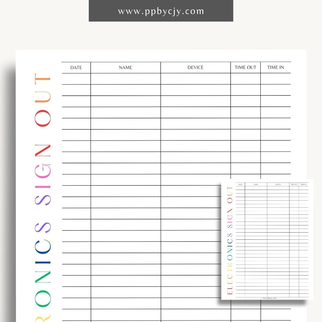 Electronics Sign In and Out Sheet Printable Template – Digital Download for Managing Device Check-Outs with sections for tracking user details, dates, and device status.