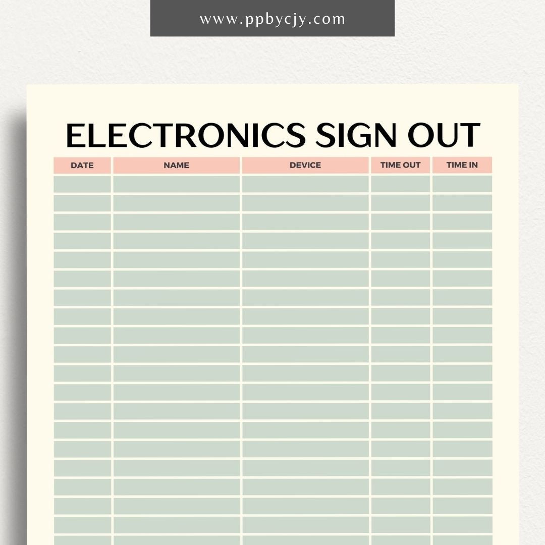 Electronics Sign In and Out Sheet Printable Template – Digital Download for Managing Device Check-Outs with sections for tracking user details, dates, and device status.