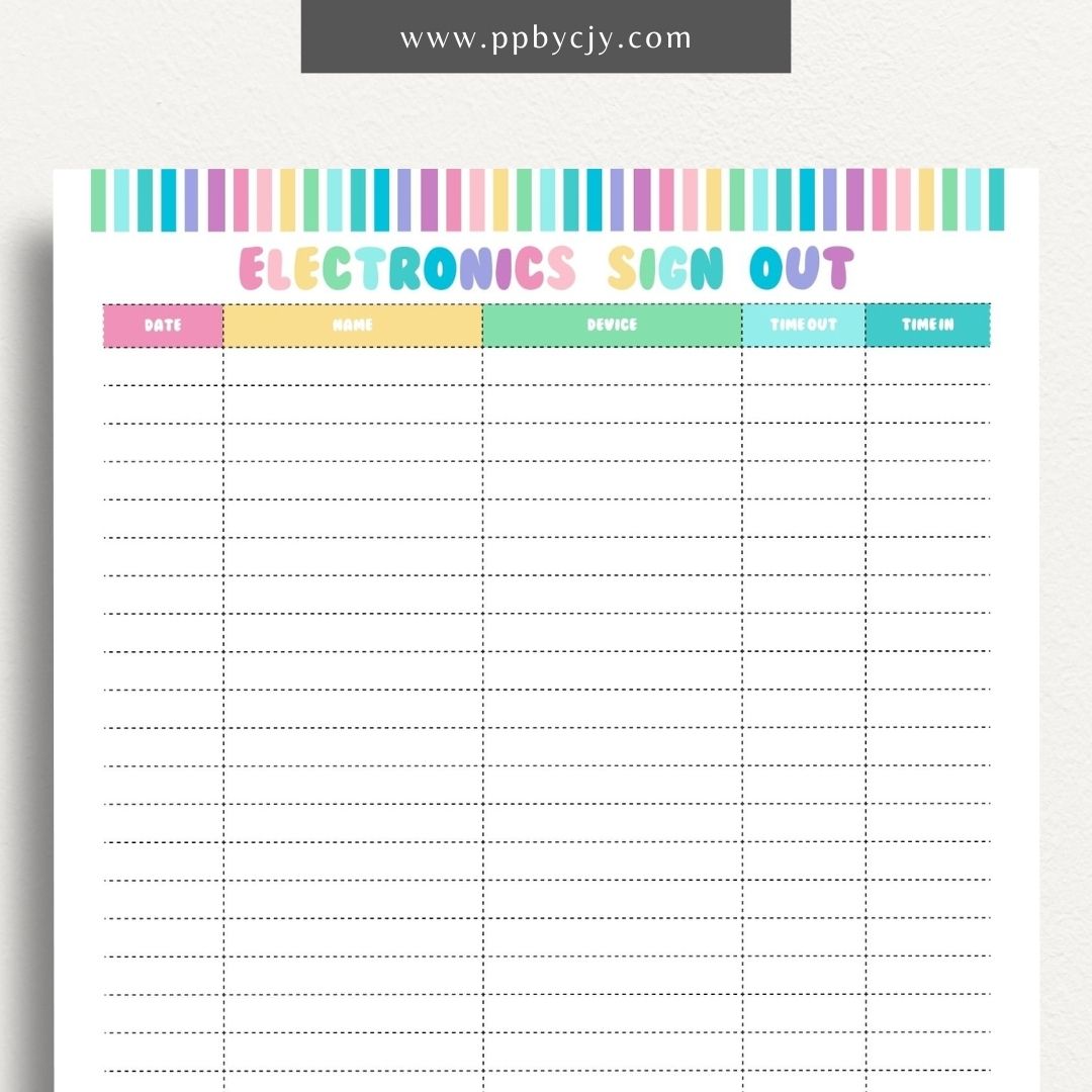 Electronics Sign In and Out Sheet Printable Template – Digital Download for Managing Device Check-Outs with sections for tracking user details, dates, and device status.