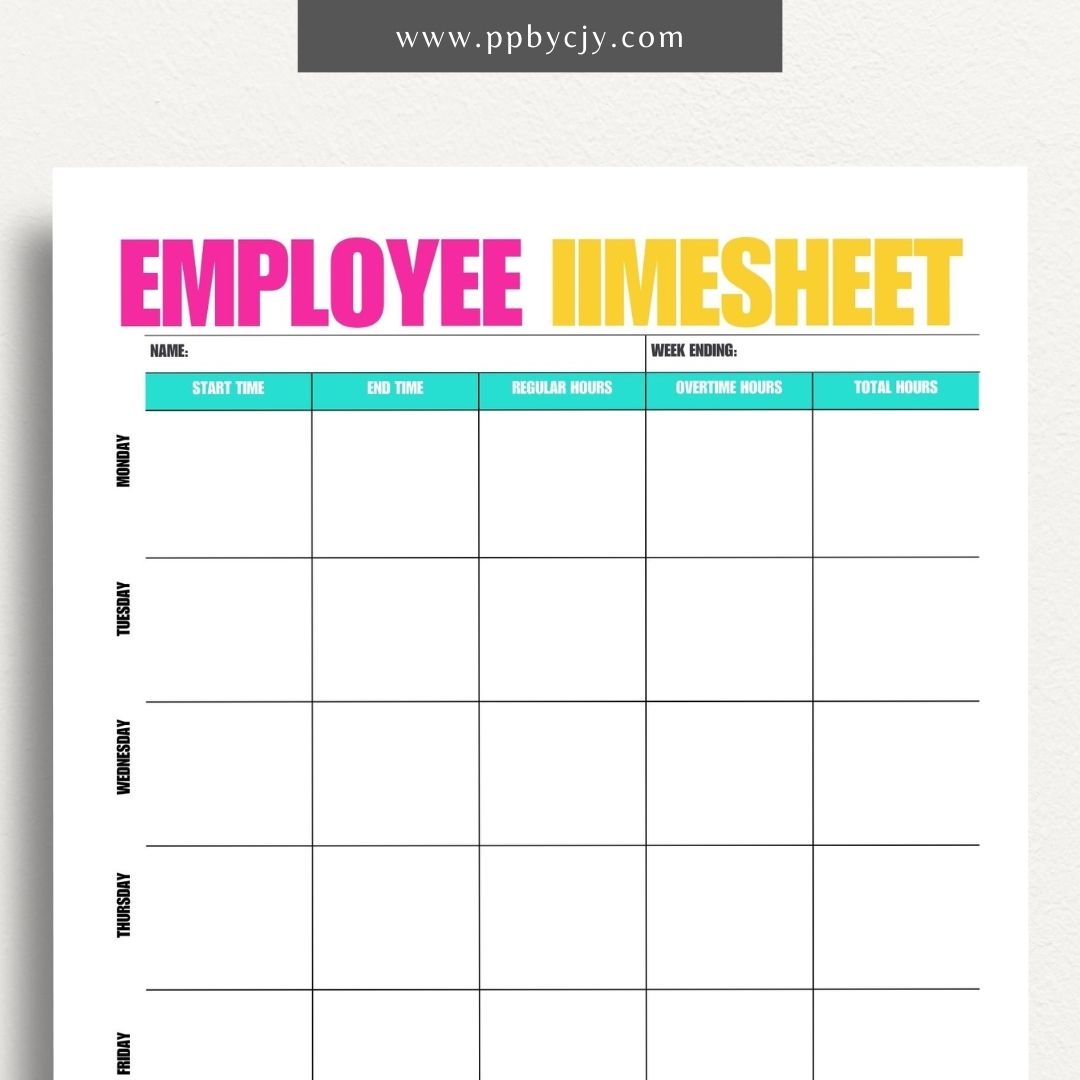 Employee Timesheet Printable Template – Digital Download for Tracking Work Hours with sections for recording dates, hours worked, and breaks."