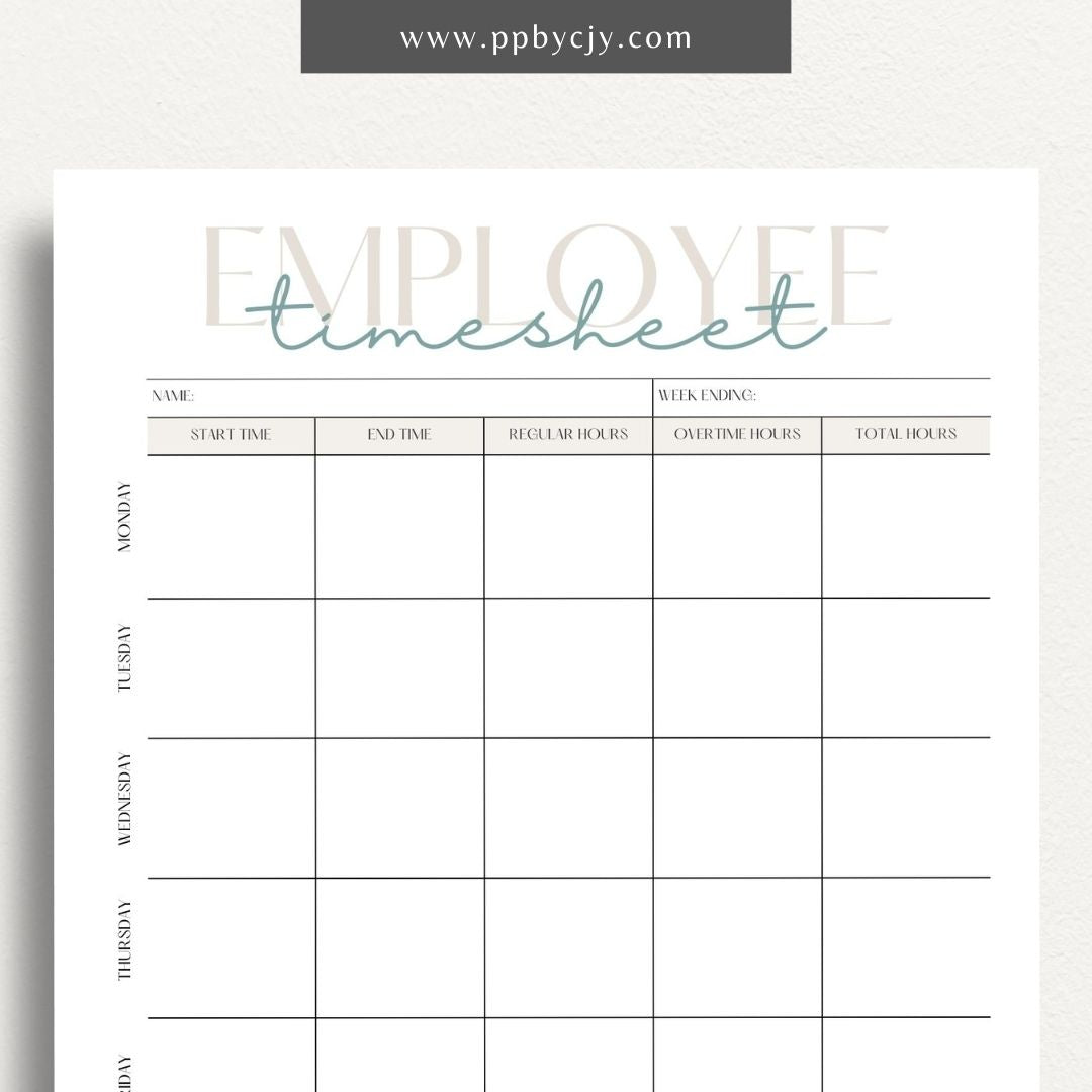 Employee Timesheet Printable Template – Digital Download for Tracking Work Hours with sections for recording dates, hours worked, and breaks."
