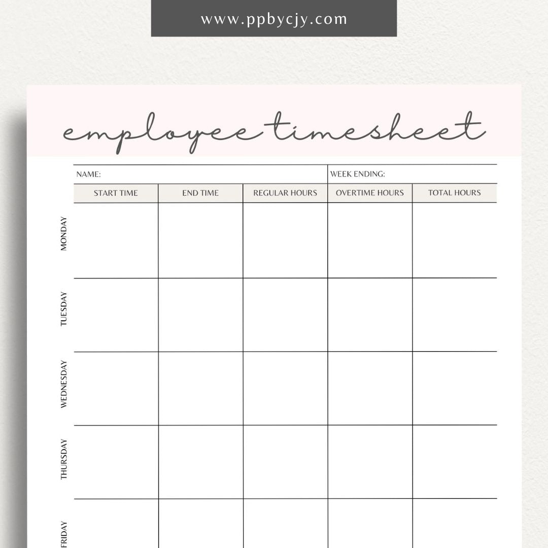 Employee Timesheet Printable Template – Digital Download for Tracking Work Hours with sections for recording dates, hours worked, and breaks."