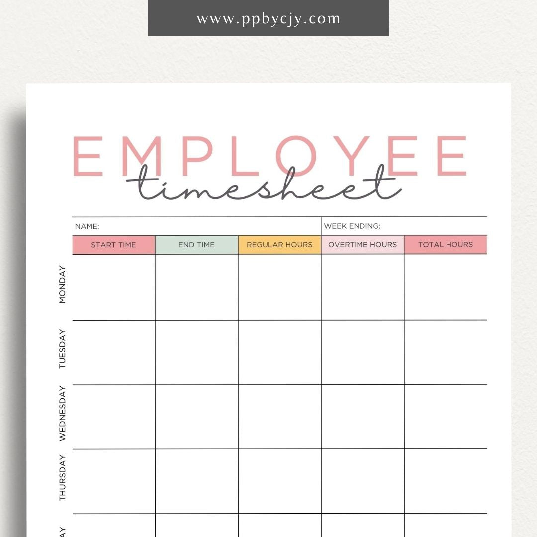 Employee Timesheet Printable Template – Digital Download for Tracking Work Hours with sections for recording dates, hours worked, and breaks."
