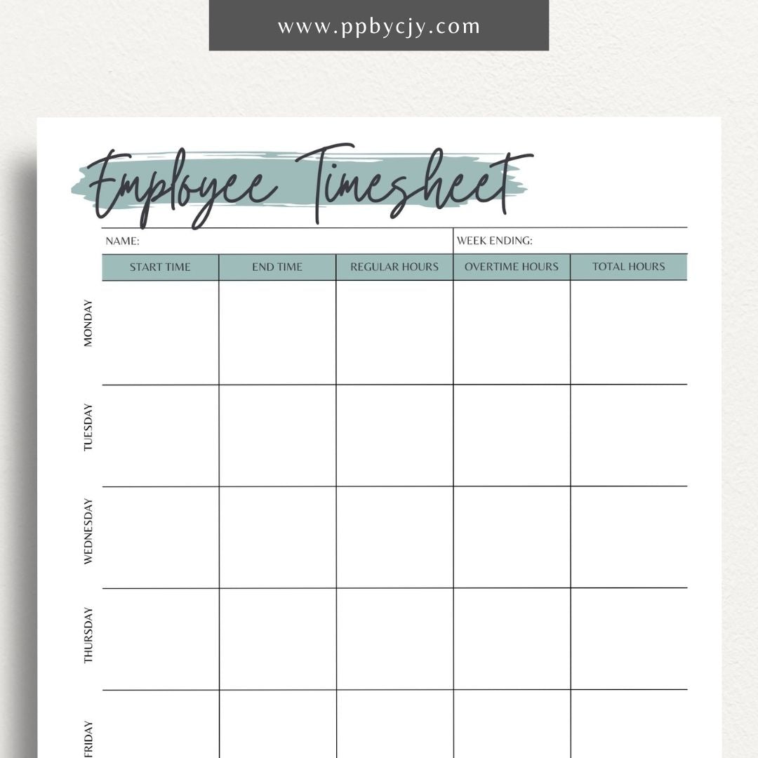 Employee Timesheet Printable Template – Digital Download for Tracking Work Hours with sections for recording dates, hours worked, and breaks."