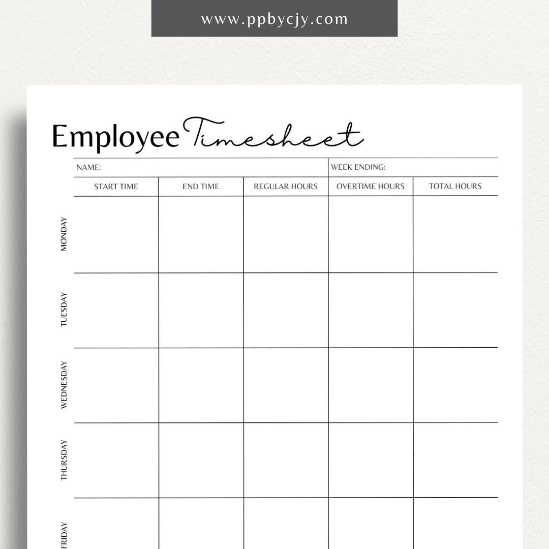 Employee Timesheet Printable Template – Digital Download for Tracking Work Hours with sections for recording dates, hours worked, and breaks."