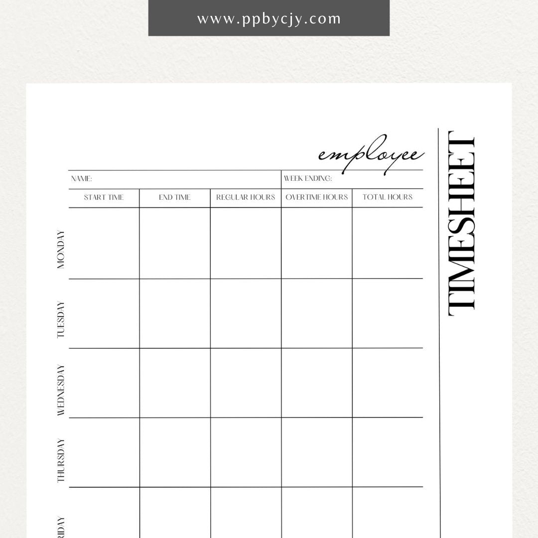 Employee Timesheet Printable Template – Digital Download for Tracking Work Hours with sections for recording dates, hours worked, and breaks."