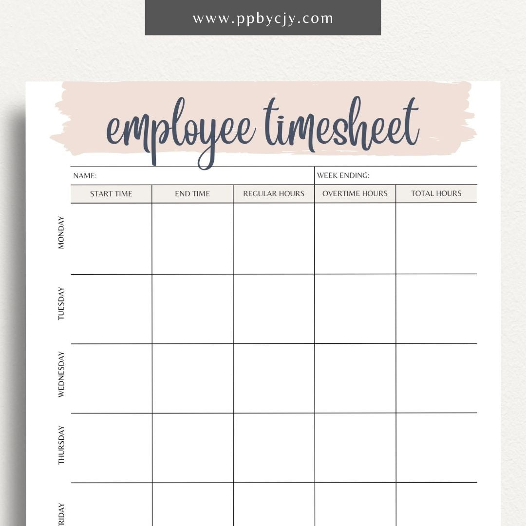 Employee Timesheet Printable Template – Digital Download for Tracking Work Hours with sections for recording dates, hours worked, and breaks."