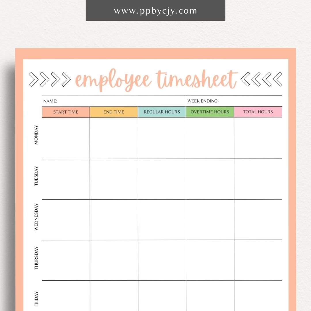 Employee Timesheet Printable Template – Digital Download for Tracking Work Hours with sections for recording dates, hours worked, and breaks."