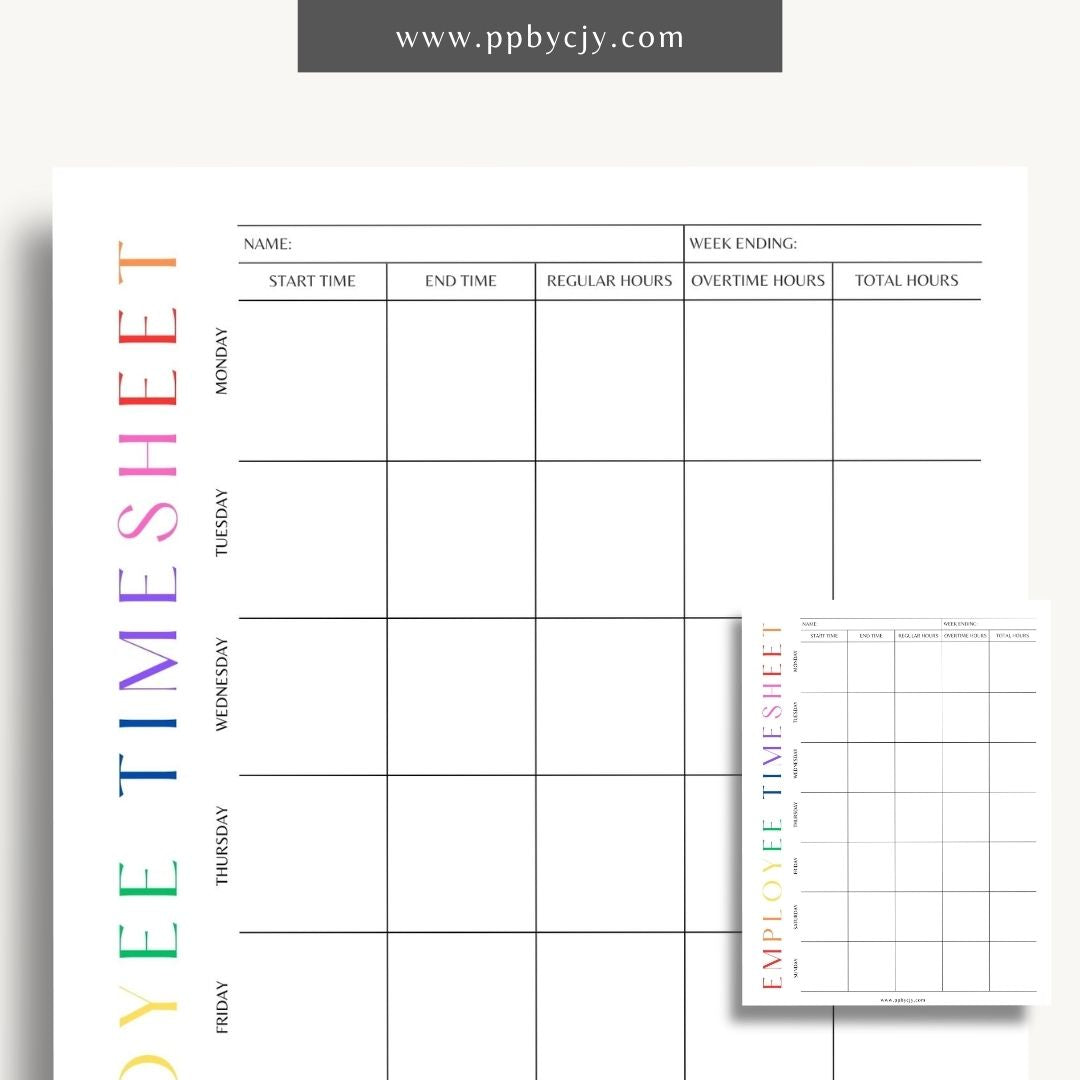 Employee Timesheet Printable Template – Digital Download for Tracking Work Hours with sections for recording dates, hours worked, and breaks."