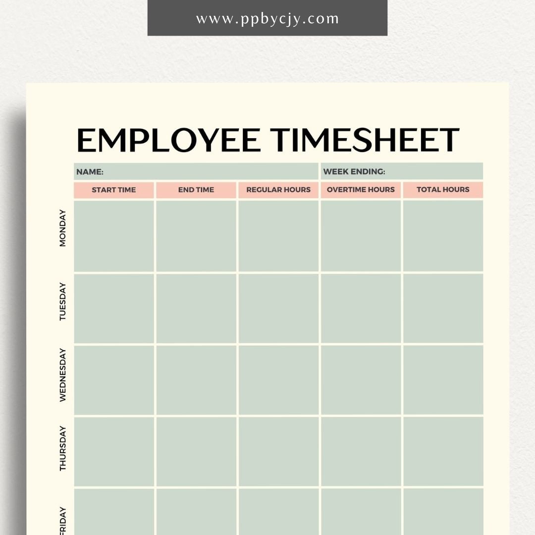 Employee Timesheet Printable Template – Digital Download for Tracking Work Hours with sections for recording dates, hours worked, and breaks."