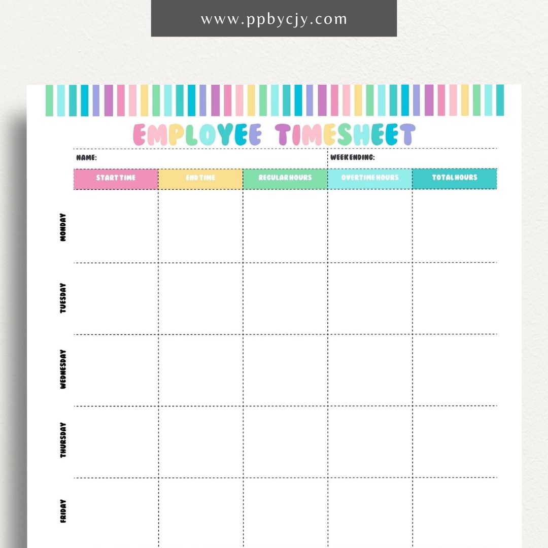 Employee Timesheet Printable Template – Digital Download for Tracking Work Hours with sections for recording dates, hours worked, and breaks."