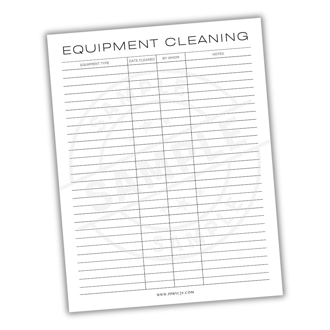 Equipment cleaning log sheet with columns for type, date, cleaner, and notes on a white background.